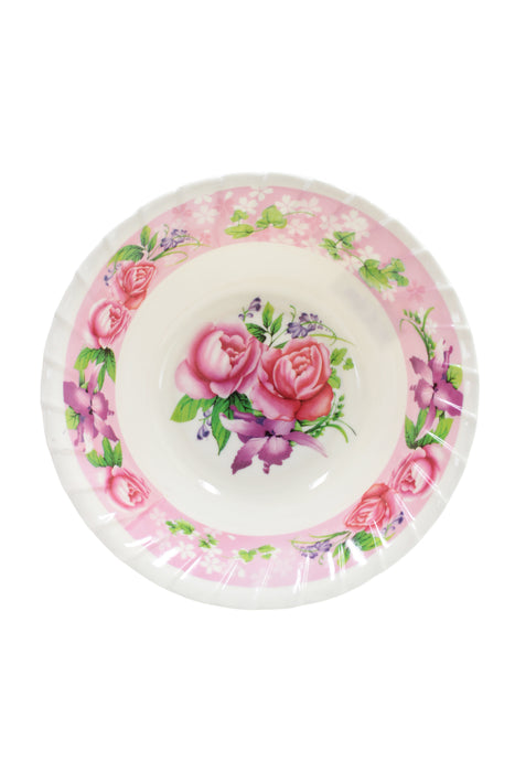 Plato de melamina hondo de color blanco con estampados de rosas y flores variadas con borde texturizado