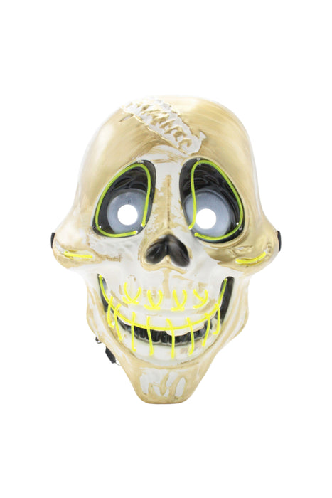 Máscara de calavera con diseño de sonrisa y ojos iluminados con luz led multicolor y detalles dorados