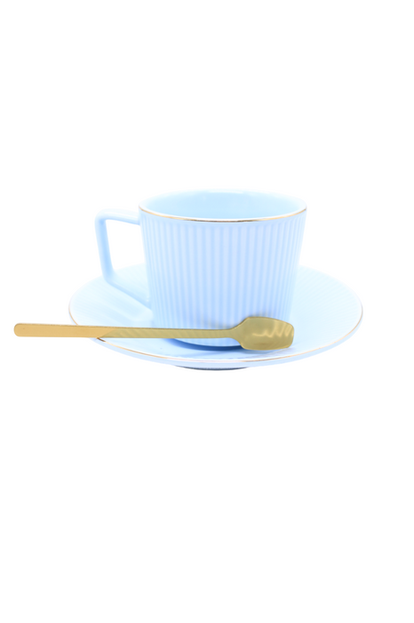 Set de taza con plato y cuchara de cerámica en colores varios tonos pastel