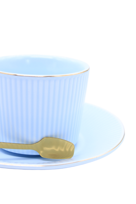 Set de taza con plato y cuchara de cerámica en colores varios tonos pastel