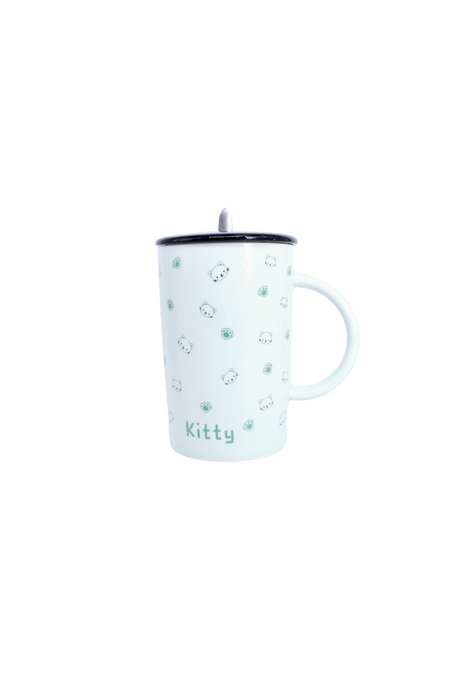 Taza de cerámica con diseño de gatitos en colores varios incluye tapa y cuchara