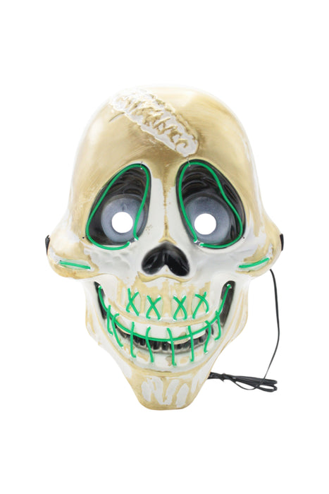 Máscara de calavera con diseño de sonrisa y ojos iluminados con luz led multicolor y detalles dorados