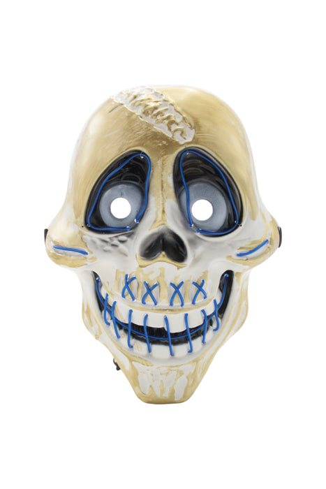 Máscara de calavera con diseño de sonrisa y ojos iluminados con luz led multicolor y detalles dorados