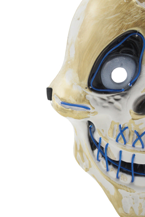 Máscara de calavera con diseño de sonrisa y ojos iluminados con luz led multicolor y detalles dorados