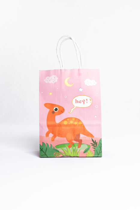 Paquete de bolsas para regalos con diseño infantil de dinosaurio. Color Rosa. 12 piezas