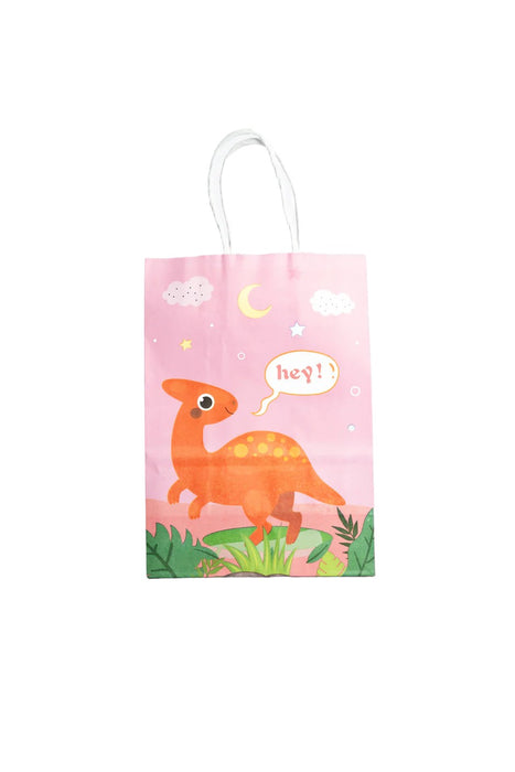 Paquete de bolsas para regalos con diseño infantil de dinosaurio. Color Rosa. 12 piezas