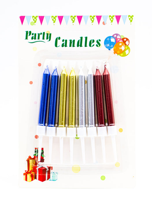 Blister con 8 velas para pastel y celebraciones en tono metalico con estilo liso en colores varios