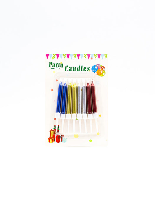 Blister con 8 velas para pastel y celebraciones en tono metalico con estilo liso en colores varios