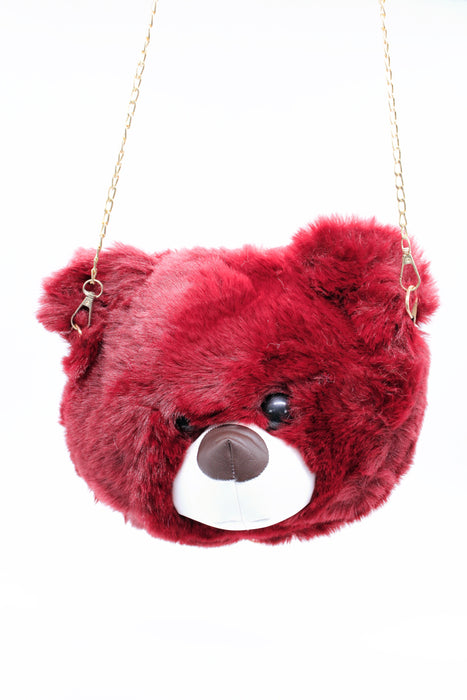 Bolso de felpa diseño cabeza de oso y correa de cadena dorada colores varios