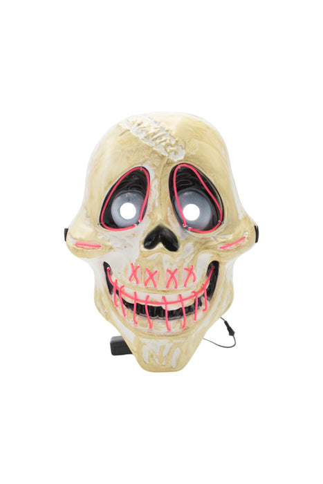 Máscara de calavera con diseño de sonrisa y ojos iluminados con luz led multicolor y detalles dorados