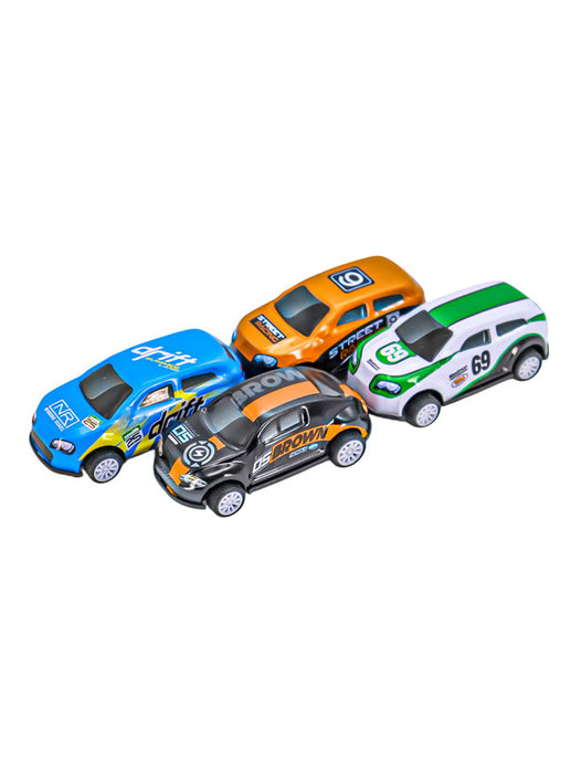 Set de 4 carritos de juguete de friccion en colores surtidos ideal para hacer carreras con tus amigos