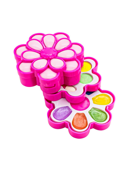 Set de juego de cosmeticos en forma de flor para niñas cuenta con 3 niveles