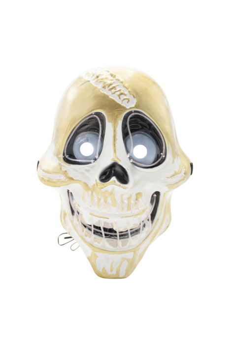 Máscara de calavera con diseño de sonrisa y ojos iluminados con luz led multicolor y detalles dorados