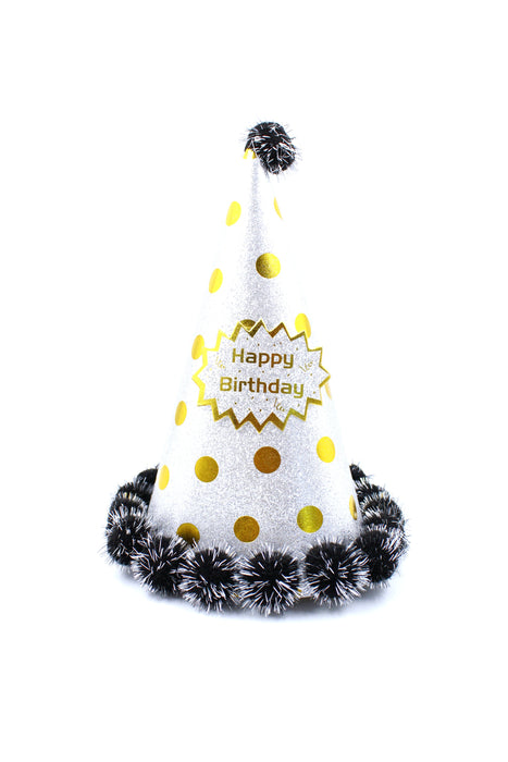 Gorrito para fiesta decorado de pompones y frase happy birthday en colores vibrantes