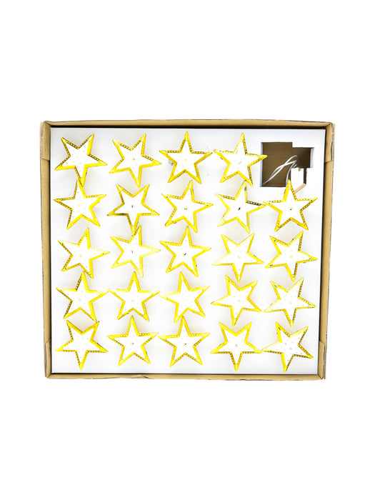 Serie de 24 estrellas blanca con dorado con luz led calida de 3.9 metros y cable transparente para decoracion de temporada