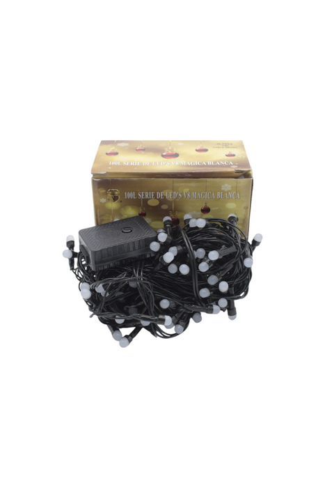 Serie de 100 luces led blancas de cable negro con multiples funciones