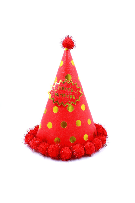 Gorrito para fiesta decorado de pompones y frase happy birthday en colores vibrantes