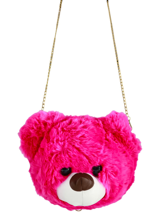 Bolso de felpa diseño cabeza de oso y correa de cadena dorada colores varios