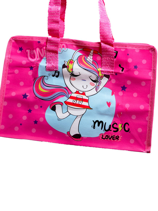 Bolsa de lona para almacenamiento de artículos con diseño de unicornio animado color rosa