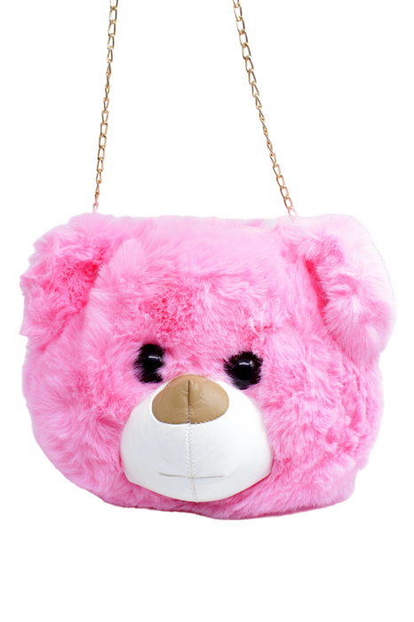 Bolso de felpa con cabeza de oso y correa de cadena dorada colores varios