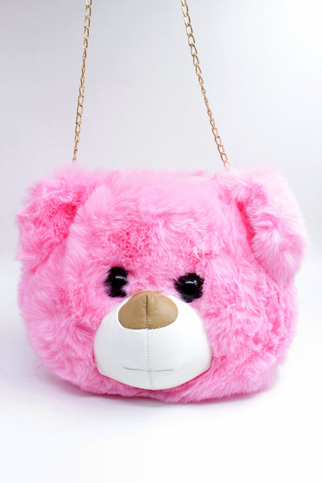 Bolso de felpa diseño cabeza de oso y correa de cadena dorada colores varios