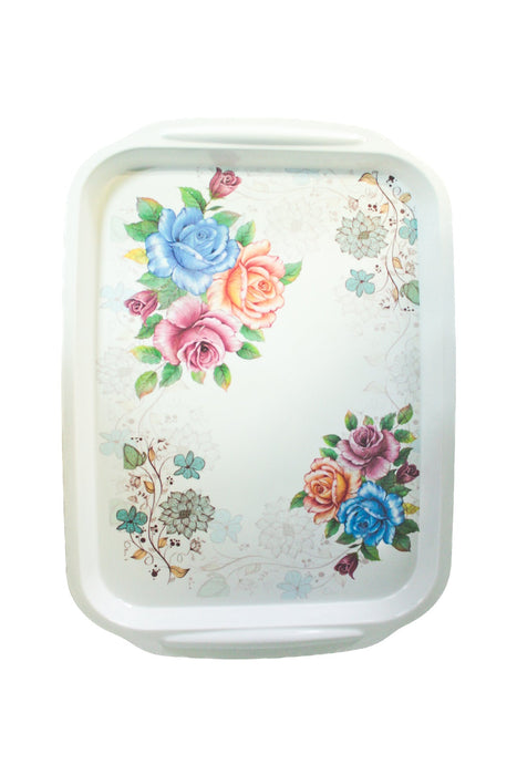 Charola rectangular con diseño floral y agarraderas colores varios