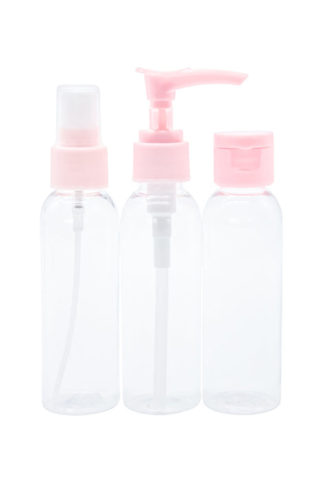 Kit de 3 botellas portÃ¡tiles para viaje con vÃ¡lvulas multifuncionales en color rosa claro