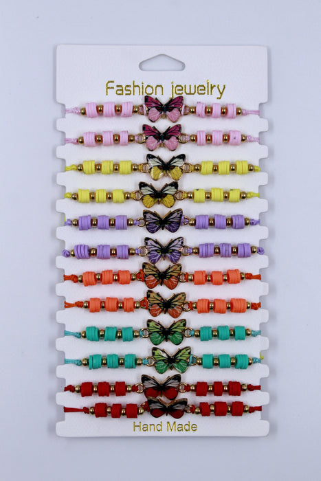 Paquete de pulseras varios colores con diseño mariposa 12 piezas.