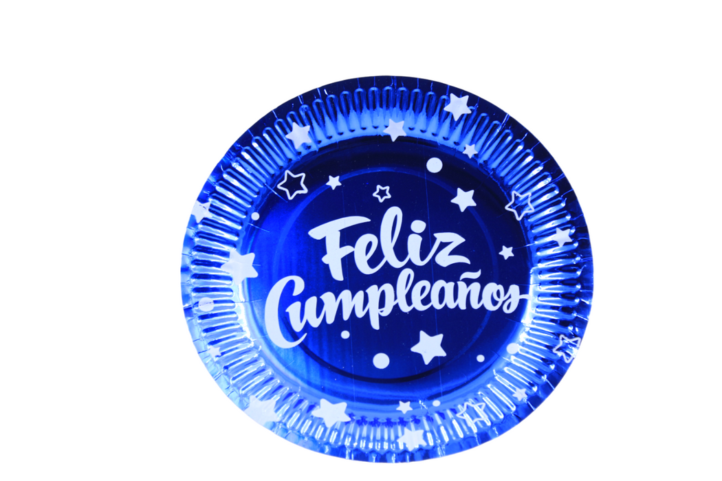 Paquete de platos para fiesta color azul rey con mensaje feliz cumpleaños