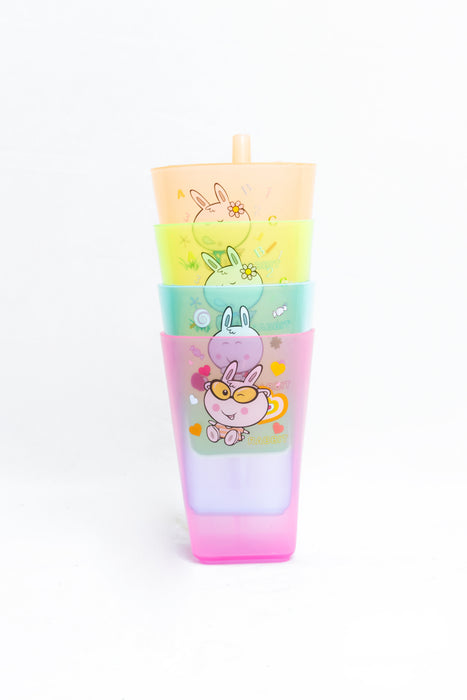 Juego de vasos con popote multicolor diseño conejo de la pradera paquete con 4 piezas