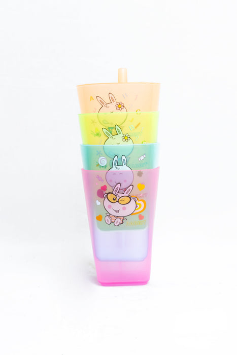 Juego de vasos con popote multicolor diseño conejo de la pradera paquete con 4 piezas