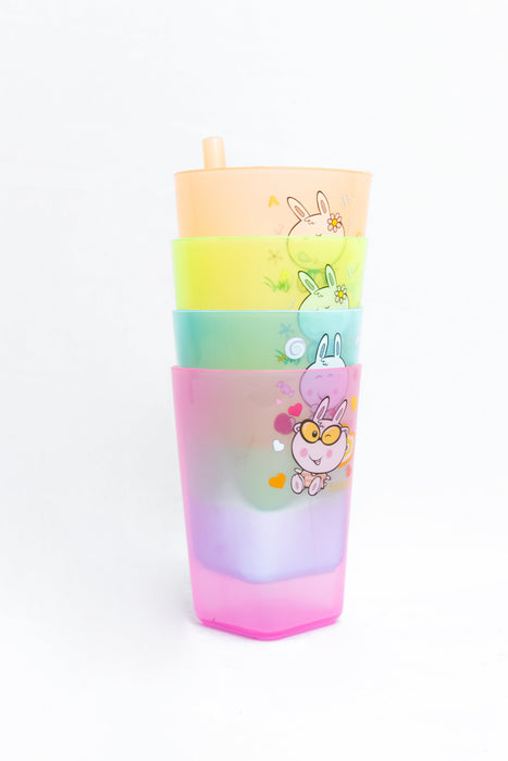 Juego de vasos con popote multicolor diseño conejo de la pradera paquete con 4 piezas