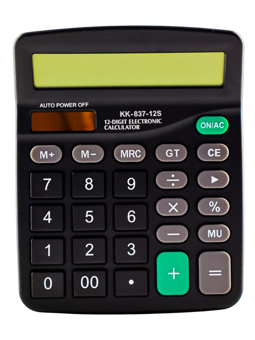 Calculadora electronica de color negro con botones en verde agua y gris para operaciones basicas