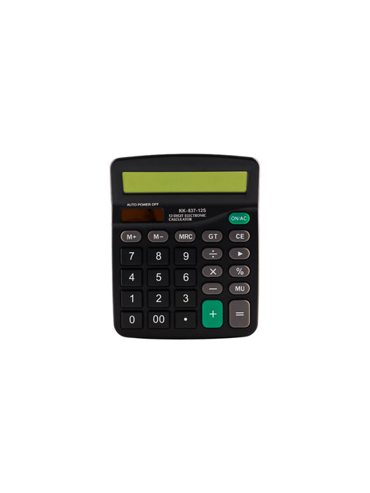 Calculadora electronica de color negro con botones en verde agua y gris para operaciones basicas