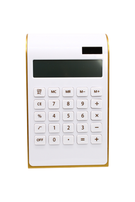 Calculadora para operaciones básicas en color blanco con detalle en dorado