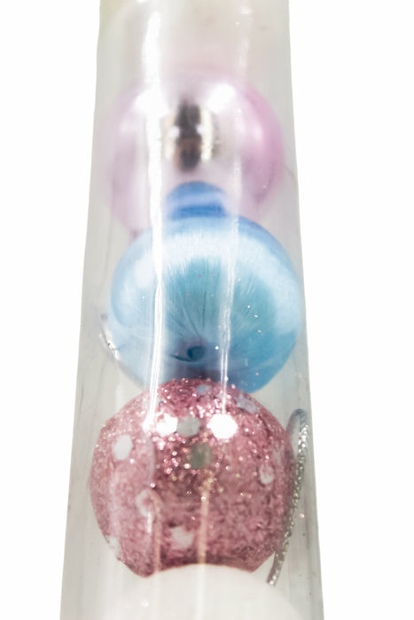 Kit de 13 esferas navideñas de unicel en diferentes acabados rosa metalico hilo azul diamantina rosa y blanca en caja tubular transparente