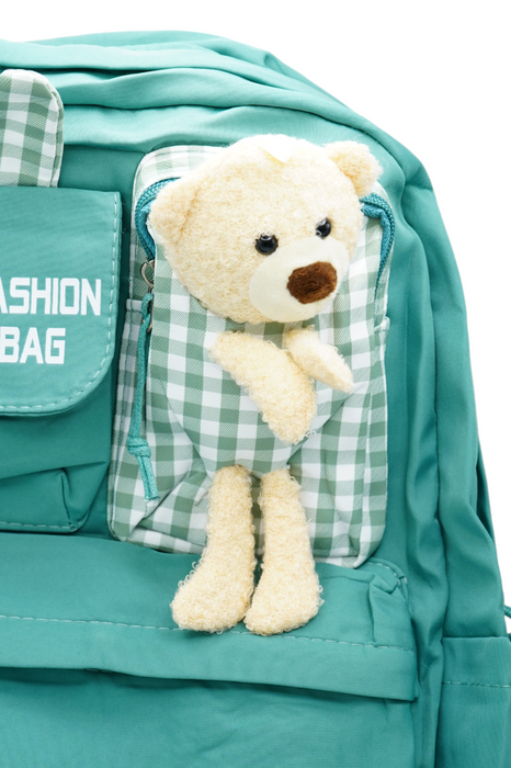 Mochila infantil de poliéster con múltiples compartimentos y adorno de oso para pequeños aventureros colores varios