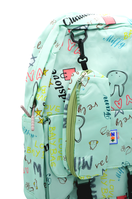 Mochila con lapicera con estampado de frases en colores varios