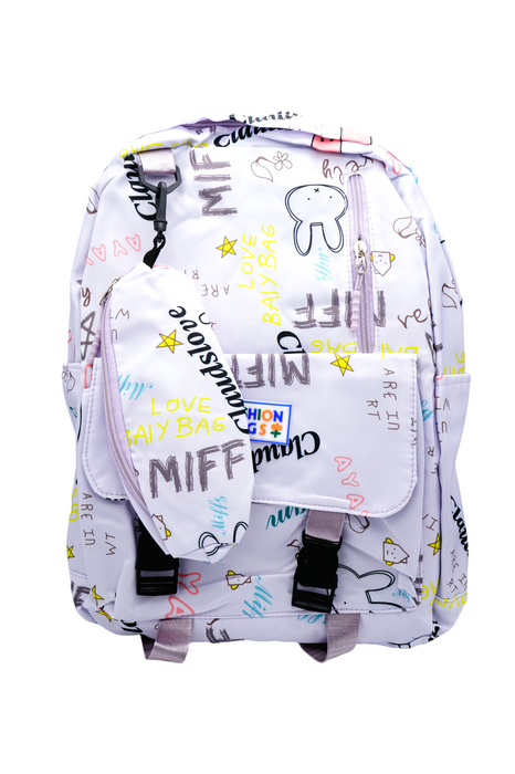 Mochila con lapicera con estampado de frases en colores varios