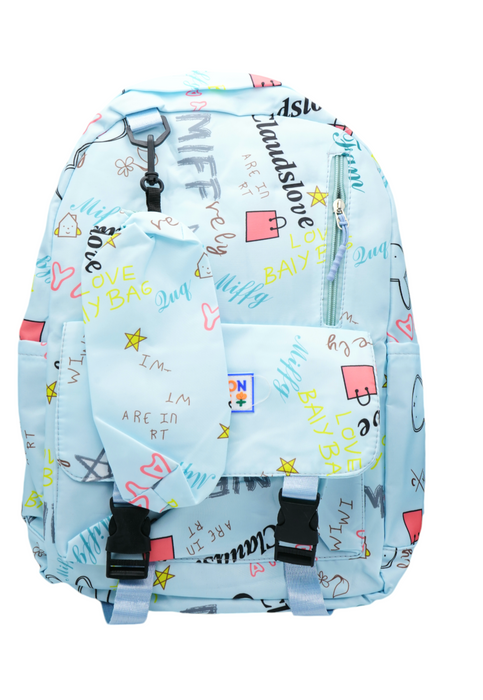 Mochila con lapicera con estampado de frases en colores varios