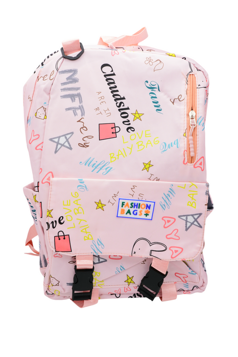 Mochila con lapicera con estampado de frases en colores varios