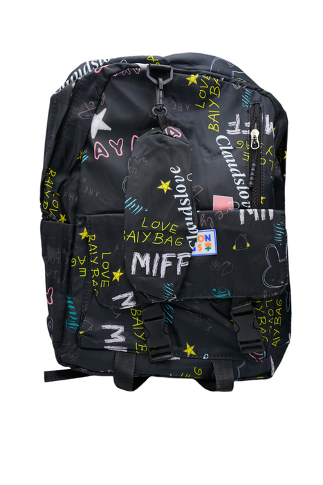 Mochila con lapicera con estampado de frases en colores varios