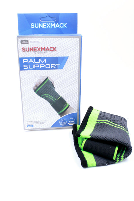 Muñequera completa ortopedica de compresion diseño sunexmack negra con detalles verdes