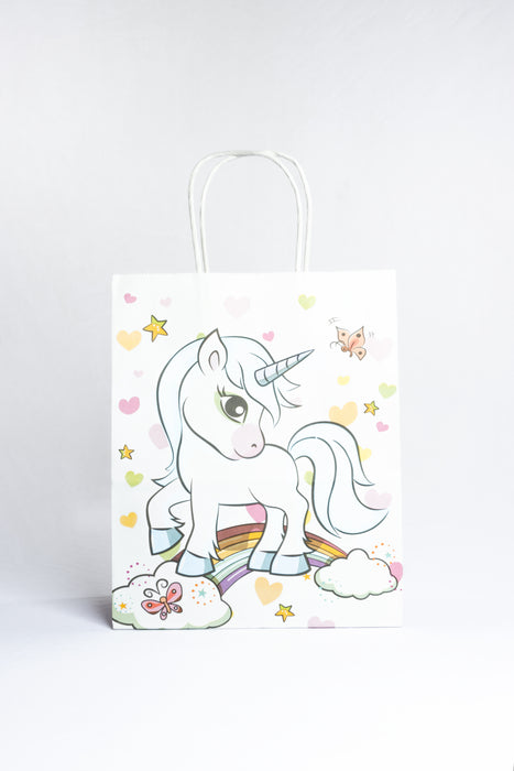 Paquete de bolsa para regalo color blanco diseño pequeño unicornio 12 piezas