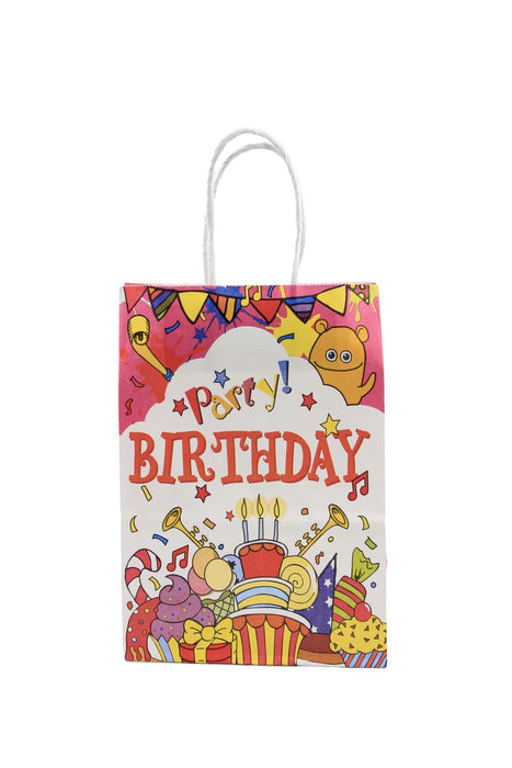 Paquete de bolsa para regalo con mensaje Happy Birthday diseño gran festejo. Colores varios. 12 piezas