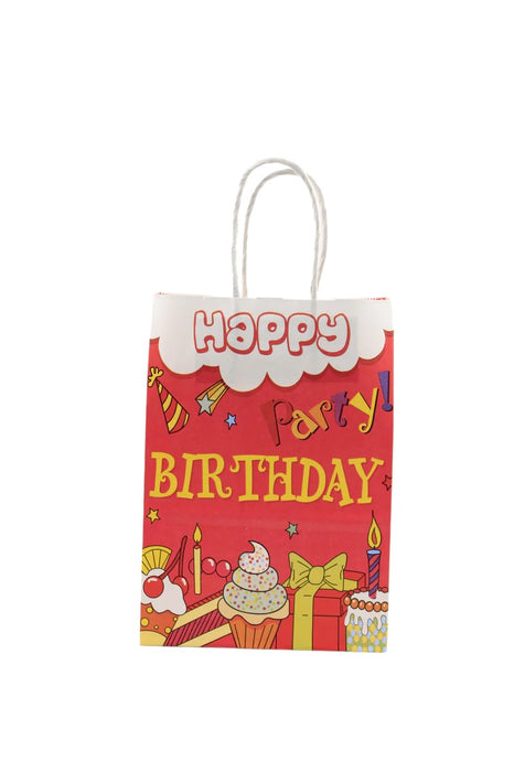 Paquete de bolsa para regalo con mensaje Happy Birthday diseño gran festejo. Colores varios. 12 piezas