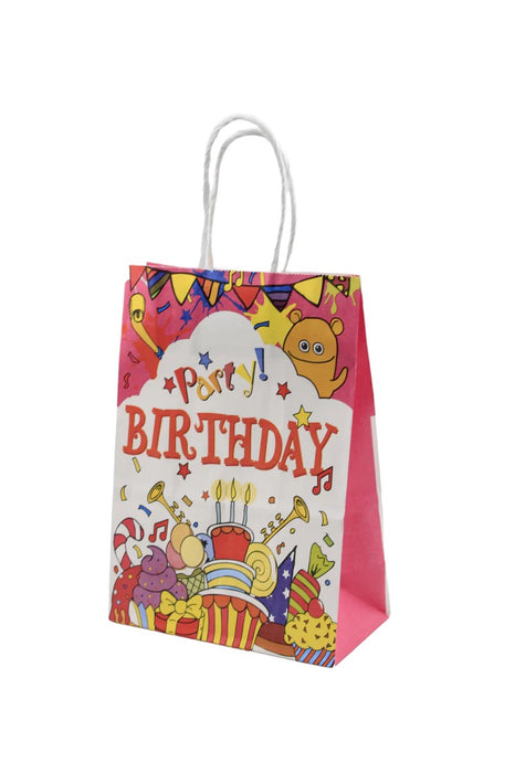 Paquete de bolsa para regalo con mensaje Happy Birthday diseño gran festejo. Colores varios. 12 piezas