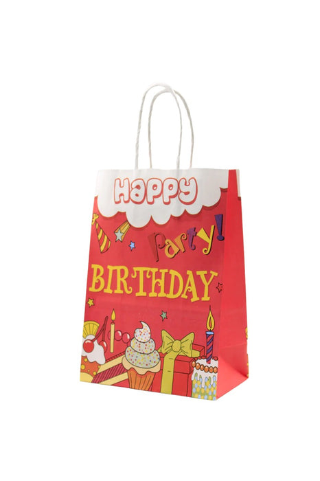 Paquete de bolsa para regalo con mensaje Happy Birthday diseño gran festejo. Colores varios. 12 piezas