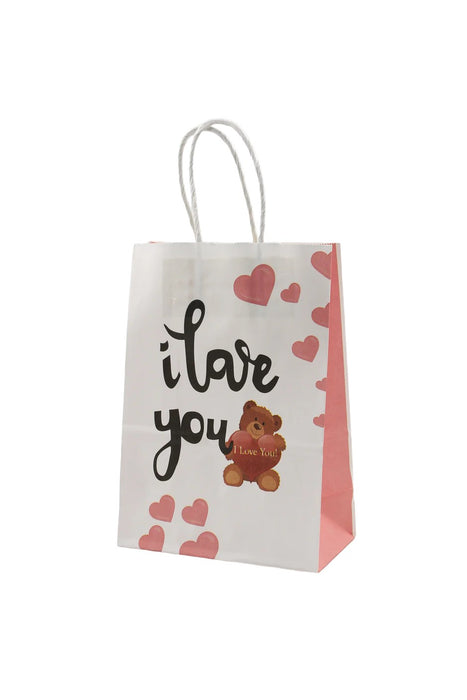 Paquete de bolsa para regalo decoradas con diseño de oso amoroso I Love You. Color blanco. 12 piezas