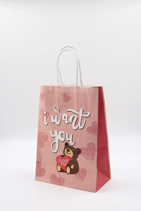 Paquete de bolsa para regalo decoradas con diseño de oso café I Want You. Color Rosa. 12 piezas